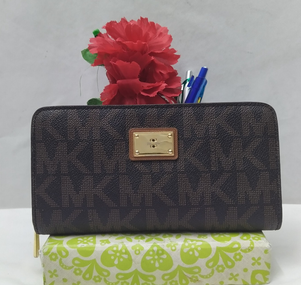 Michael Kors Brown Leather MK Printed Zip Around Credit Card Wallet